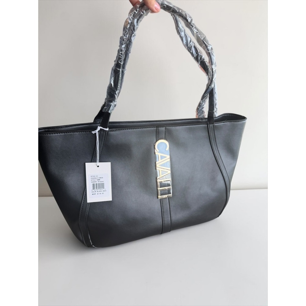 Roberto Cavalli Class Sandra Shopper Tote Bag Black Onyx Gold Logo CCS25614-BKOX